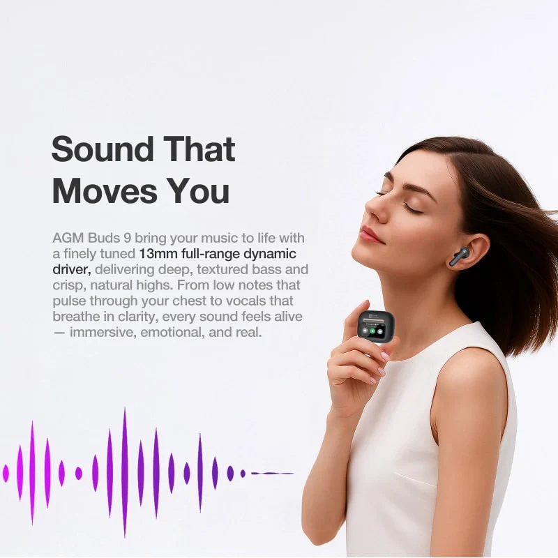 AGM Buds 9 | Touch-Enabled Display Case | 13mm Full-Range Sound | -25dB ANC | IPX4 Water Resistance - Image 5
