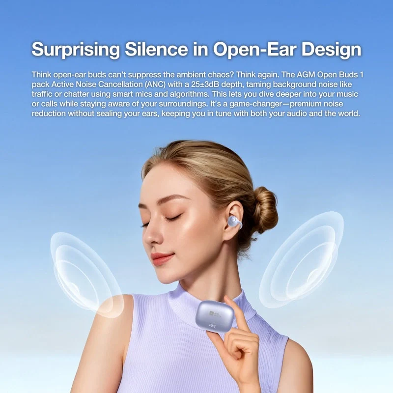 AGM Open Buds 1 | Open-Ear Design | 25+3dB ANC | 6H Playtime | IPX4 Water Resistance - Image 4